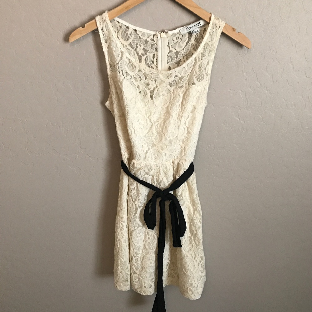 White Lace Dress with Black Fabric Belt